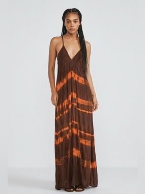 Blue Life Brown & Orange Chevron Tie-Dye V-Neck Maxi Dress